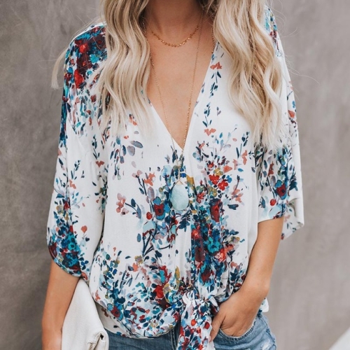 

V-neck Chiffon Blouse Casual Shirts Loose Tops Floral Clothes, Size:XL(Blue)