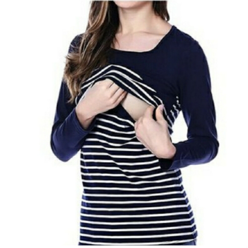 

Women Long Sleeve Maternity Tops Breastfeeding Tops Ladies Nursing Top T Shirt Casual Striped Pregnancy Clothes, Size:S(Blue)