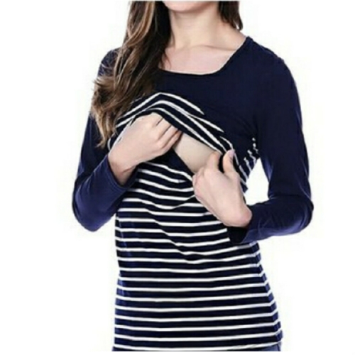 

Women Long Sleeve Maternity Tops Breastfeeding Tops Ladies Nursing Top T Shirt Casual Striped Pregnancy Clothes, Size:M(Blue)