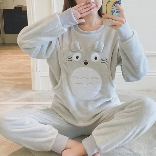 

Women Nursing Sleepwear Cartoon Winter Maternity and Nursing Set Flannel Mother Pyjamas Set Casual Women Pregnant Pajamas Set, Size:M(Silver)