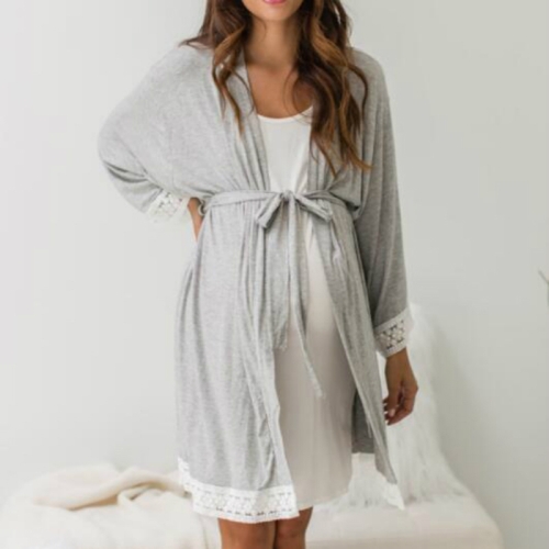 

Solid Color Maternity Dress Lace Stitching Three-point Sleeves with Cardigan Breastfeeding Robes Pajamas, Size:M(Light Grey)