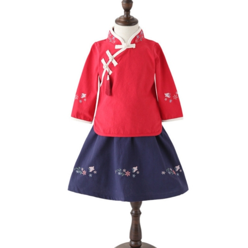 

Girls Chinese Style Embroidery Top + Skirt Set Tunic Clothing, Size:120cm(Red Top + Navy Blue Dress)