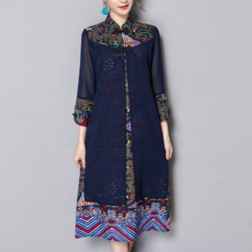 

Emperament Slim Thin Cotton Print Improved Cheongsam Dress, Size:S(Navy Blue)