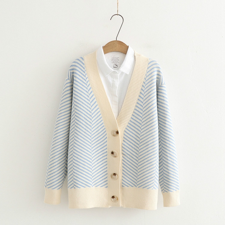 

Loose Striped Cardigan Long-Sleeved V-neck Sweater, Size:One Size(Blue)