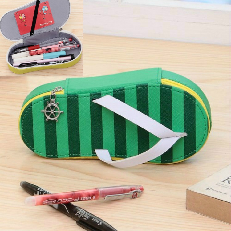 

Cute Large-capacity Pencil Bag Slipper Style Pencil Case Makeup Storage Bag Green Stripe