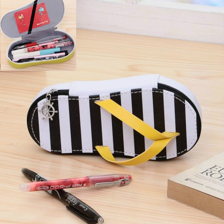 

Cute Large-capacity Pencil Bag Slipper Style Pencil Case Makeup Storage Bag Black Stripe