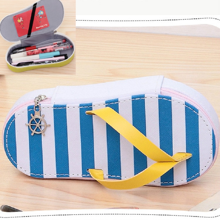 

Cute Large-capacity Pencil Bag Slipper Style Pencil Case Makeup Storage Bag Blue Stripe