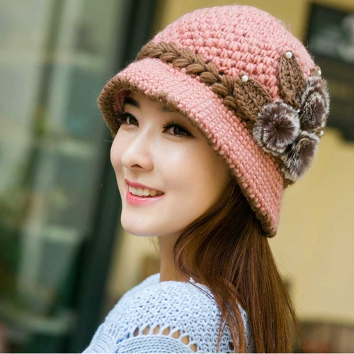 

Autumn and Winter Middle-aged Ladies Wool Crochet Flower Decoration Warm Knit Hat, Size:One Size(Pink)