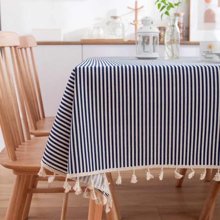 

Tassel Lace Daisy Print Cotton Linen Tablecloth, Size:140x200cm(Navy Blue Stripes)