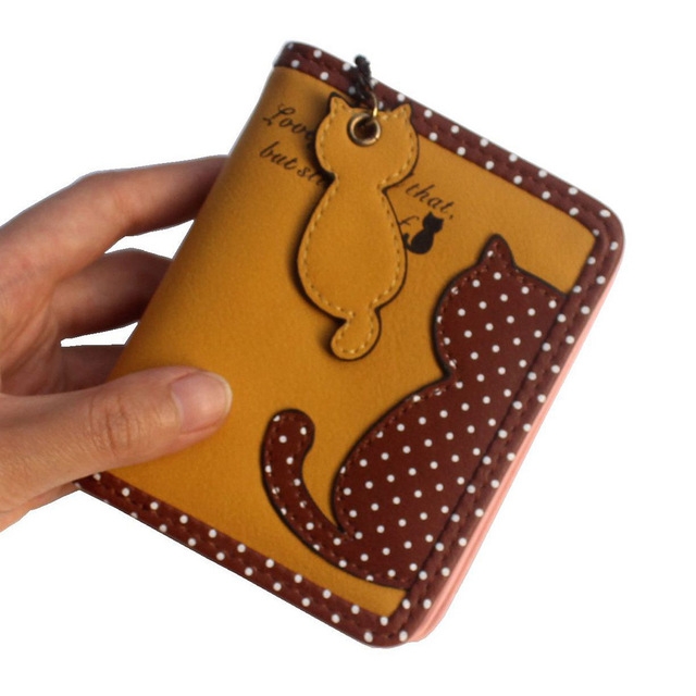 

Cartoon Contrast Color Stitching Dot Print Cat Pendant Zip Wallet(Yellow)