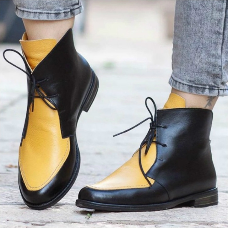 

Women Ankle Boots Lace UpLeather Women Shoes, Size:39(Yellow)