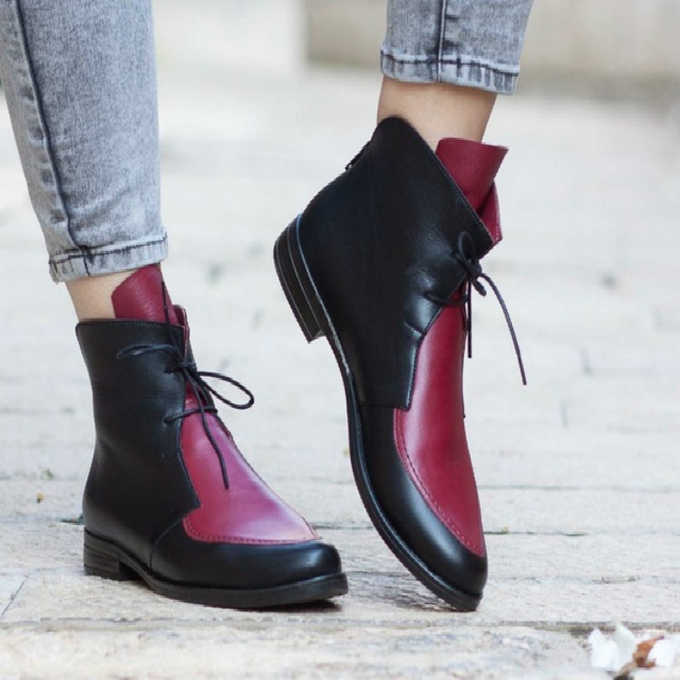 

Women Ankle Boots Lace UpLeather Women Shoes, Size:41(Red)