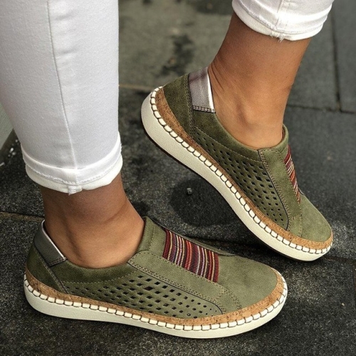 

Hollow Hand-stitched Striped Breathable Casual Women Flat Sneaker, Shoes Size:36(Green)