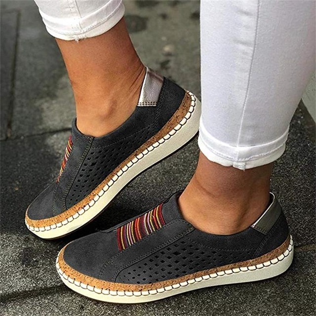 

Hollow Hand-stitched Striped Breathable Casual Women Flat Sneaker, Shoes Size:40(Black)