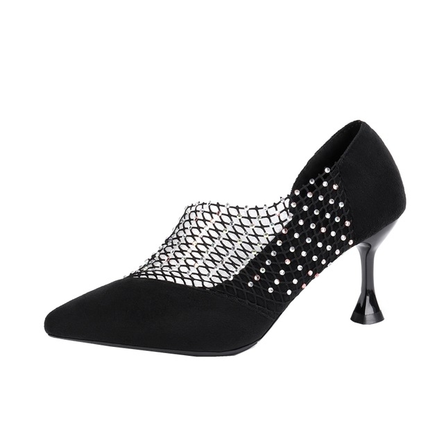 

Pointed Mesh Rhinestone Hollowed High Heel Sandals, Shoe Size:37(Black)
