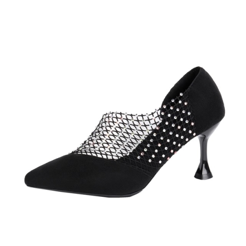 

Pointed Mesh Rhinestone Hollowed High Heel Sandals, Shoe Size:38(Black)