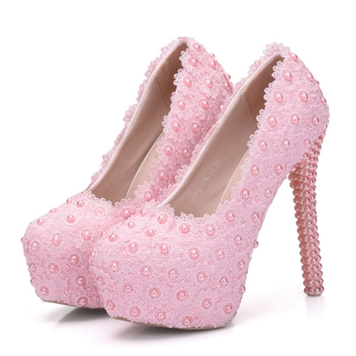 

Pearl Lace Wedding Shoes Stiletto Women High Heels, Size:38(Pink)