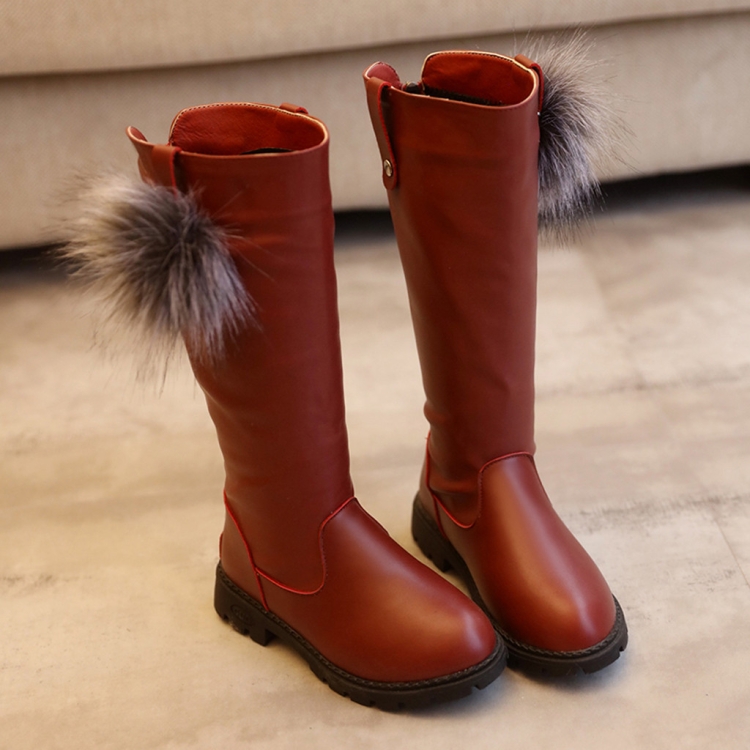 

Girls Fur Ball Leather Comfortable Non-Slip Boots, Size:32, Color:Wine Red