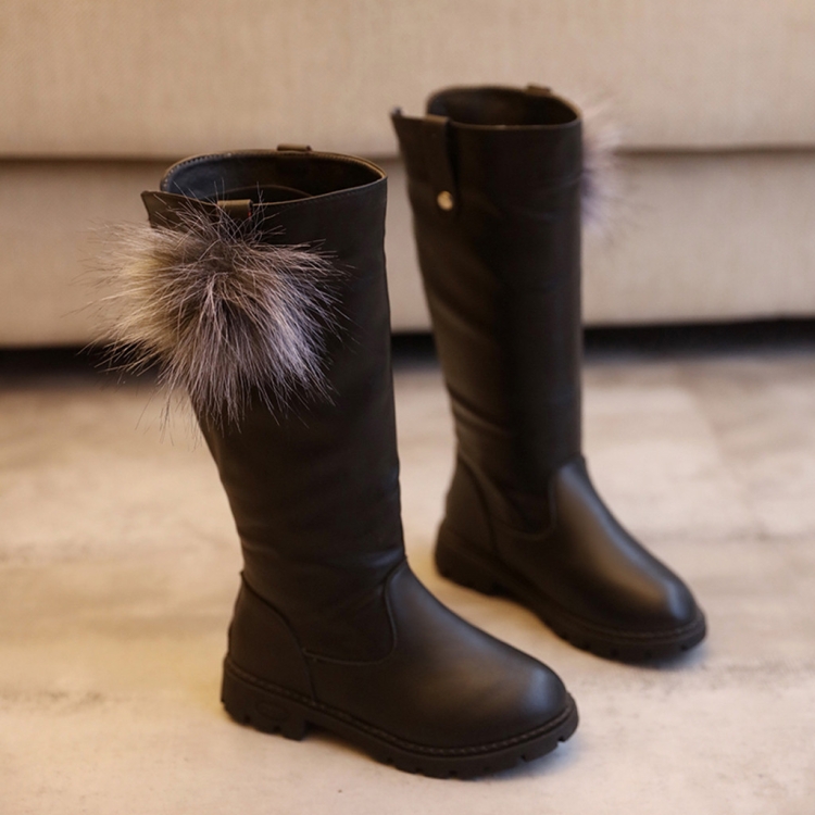 

Girls Fur Ball Leather Comfortable Non-Slip Boots, Size:29, Color:Black