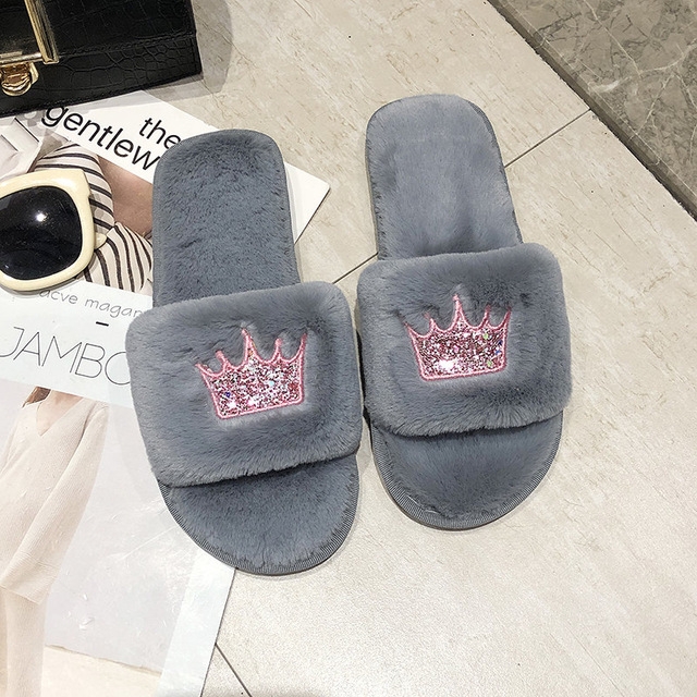 

Flat-Bottomed Crown-Shaped Warm Home Cotton Slippers, Shoe Size:41(Gray)