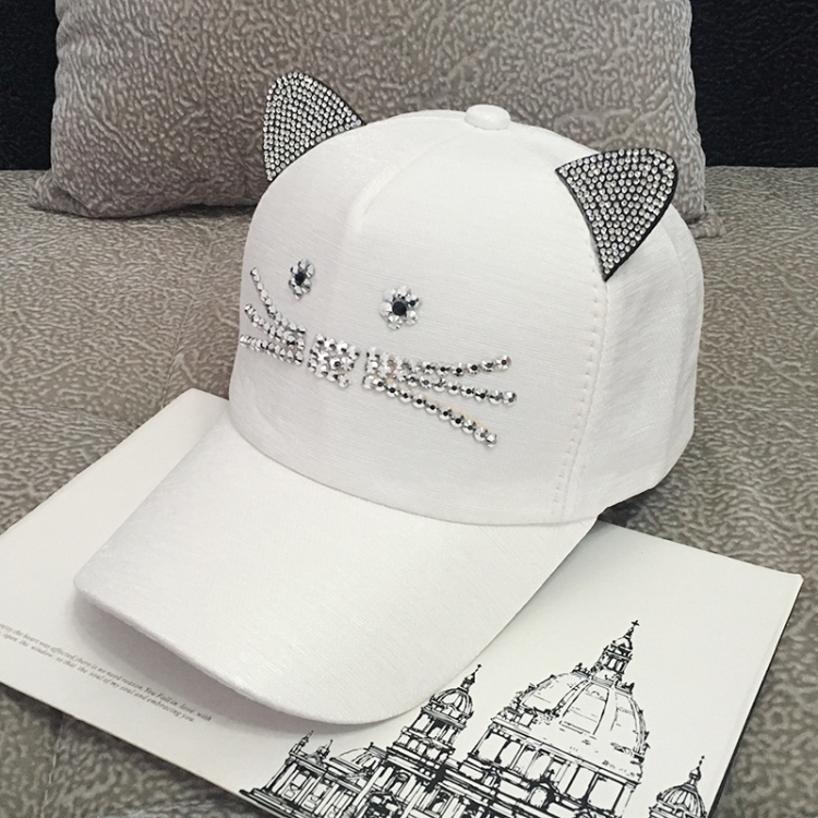 

Spring and Autumn Ladies Cute Rhinestone Cat Shape Cap Wild Baseball Cap, SIZE:Adjustable(White)
