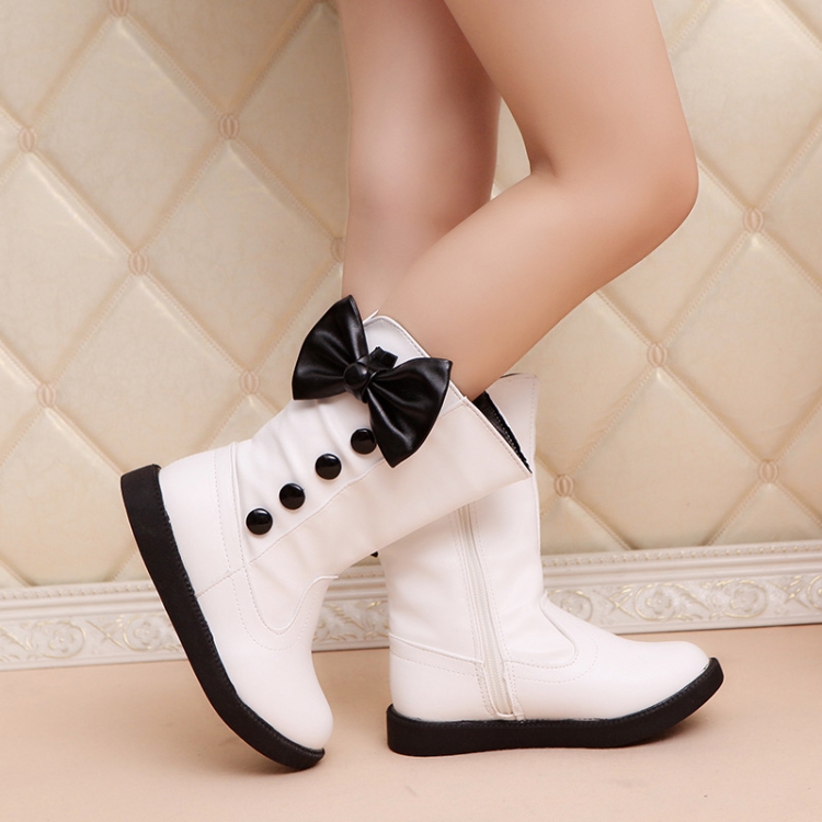 

Winter Plus Velvet Tall Girls Warm Bow Flat Long Tube Children Boots, Size:29(White)