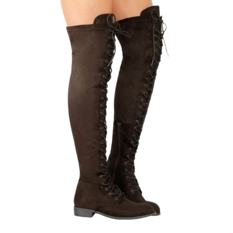 

Thin Stretch Cloth With Knee - High Flat Boots, Size:42(Brown)