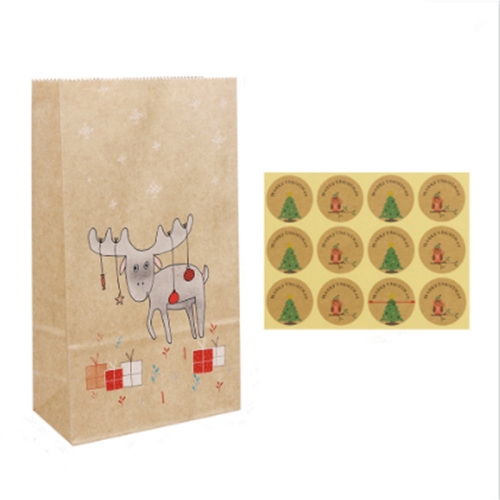 

12 Sets Christmas Kraft Paper Bag and Stickers Set Gift Candy Food Cookies Packing Paper Bags(Moose)