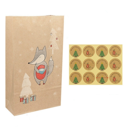 

12 Sets Christmas Kraft Paper Bag and Stickers Set Gift Candy Food Cookies Packing Paper Bags(Fox)