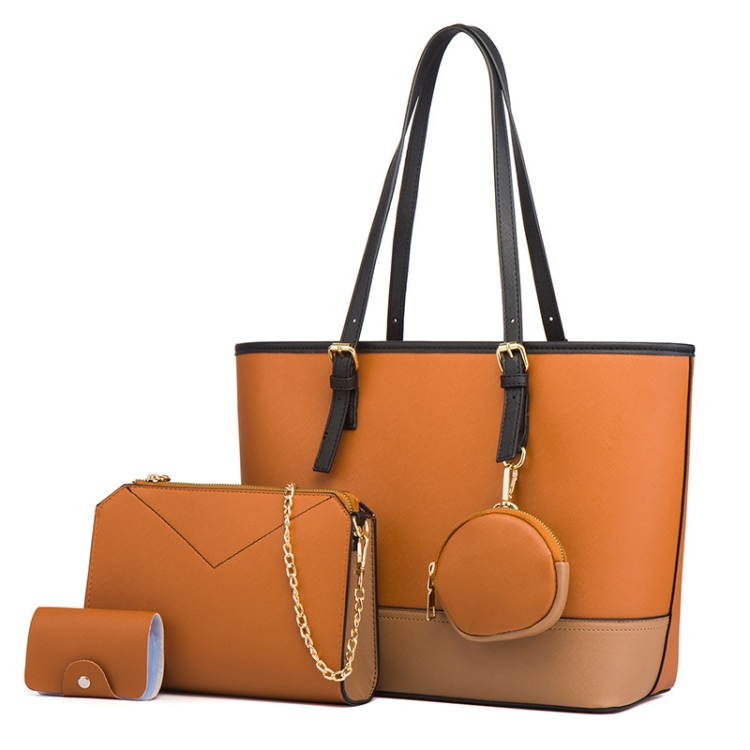 

20805 4 in 1 Fashion Color-Block Messenger Handbag PU Large-Capacity Bags(Brown Khaki)