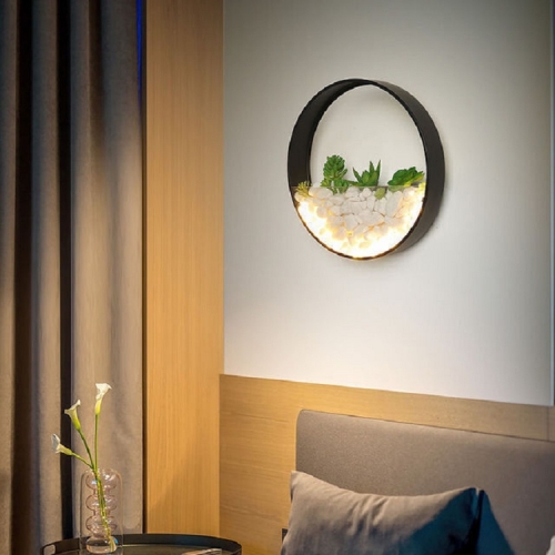

Living Room Background Wall Bedroom Bedside Round Succulent Garden Decorative Wall Lamp, Size:20 x 5 cm(Black)