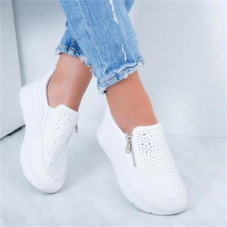 

Rhinestone Thick Bottom Side Zipper Increased Ladies Casual Shoes, Size:40(White)