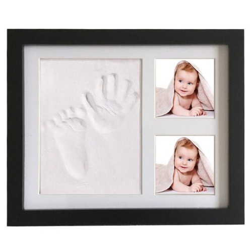 

Solid Wood Three-frame BabyHands and Feet Mud Print Photo Frame with Cover(Black Photo Frame White Mud)