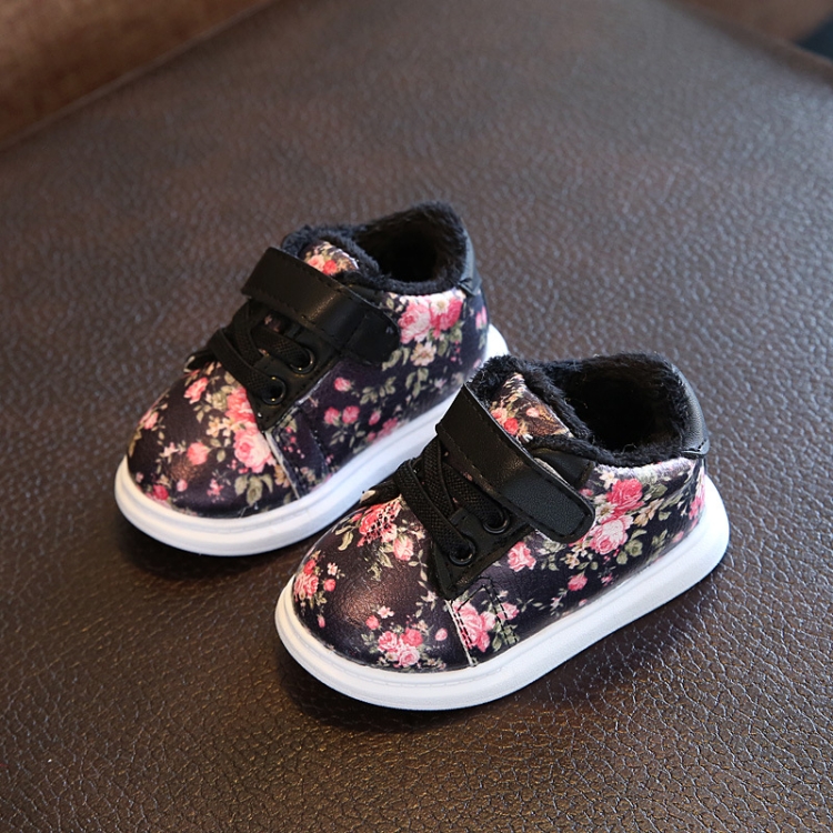 

Winter Print Flower PU Leather Infant Warm Snow Boots, Size:24, Color:Black