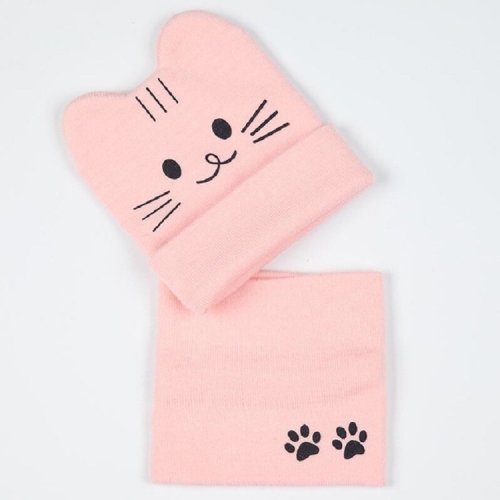 

Pink Cartoon Kitten Pattern Autumn and Winter Warm Baby Hat, Size:One Size, Style:Hat + Scarf