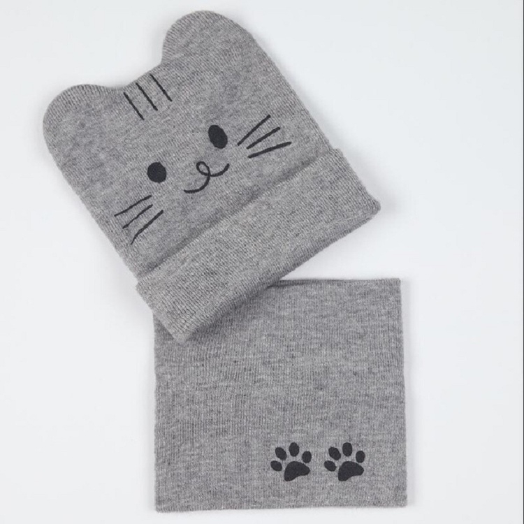 

Gray Cartoon Kitten Pattern Autumn and Winter Warm Baby Hat, Size:One Size, Style:Hat + Scarf