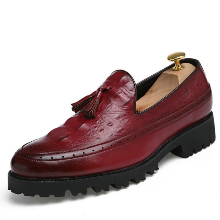 

Men Leather Pointed Head Crocodile Leather Shoes, Size:40(Wine Red)