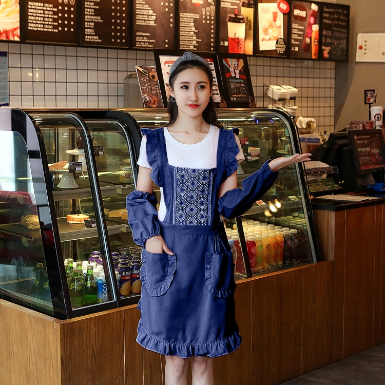 

2 PCS Princess Apron Kitchen Women Work Clothes Coffee Shop Apron, Specification:Apron + Sleeve(Dark blue)