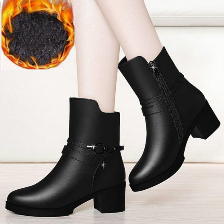 

Round Head Boots with Thick Side Zipper Boots and Velvet Boots, Size:38(Black Plus Velvet)
