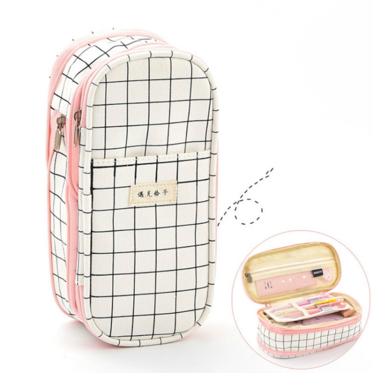 

Simple Female Small Fresh Cute Large Capacity Grid Pencil Case Canvas Pencil Case Stationery, Style:Retractable Pencil Case