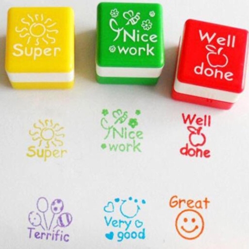 

24 PCS / Box Teacher Comments Cartoon Plastic Square Stamps Colorful Pattern Children Toy Stamps