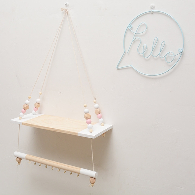 

Children Room Decorative Storage Rack Double Wooden Bead Shelves Wall Rope Hanging Shelf Home Hook Kids Coat Rack(White)