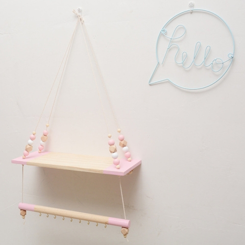 

Children Room Decorative Storage Rack Double Wooden Bead Shelves Wall Rope Hanging Shelf Home Hook Kids Coat Rack(Pink)