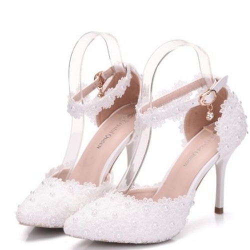 

Women Shoes Lace Pearl Princess Pointed Shoes, Size:35(White 9.5 cm)