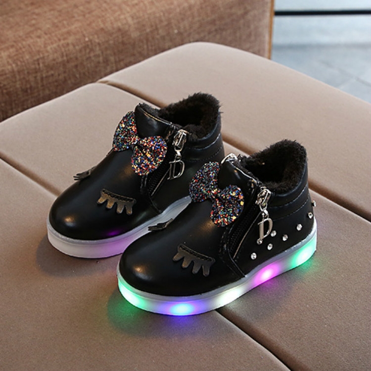 

Kids Shoes Baby Infant Girls Eyelash Crystal Bowknot LED Luminous Boots Shoes Sneakers, Size:22(Black with Cotton)