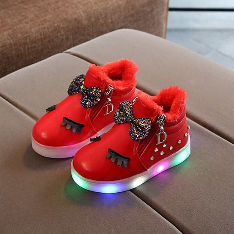

Kids Shoes Baby Infant Girls Eyelash Crystal Bowknot LED Luminous Boots Shoes Sneakers, Size:23(Red with Cotton)
