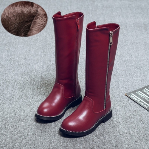 

Winter Girls Leather High-Top Snow Boots, Size:30, Color:Burgundy thick cotton boots