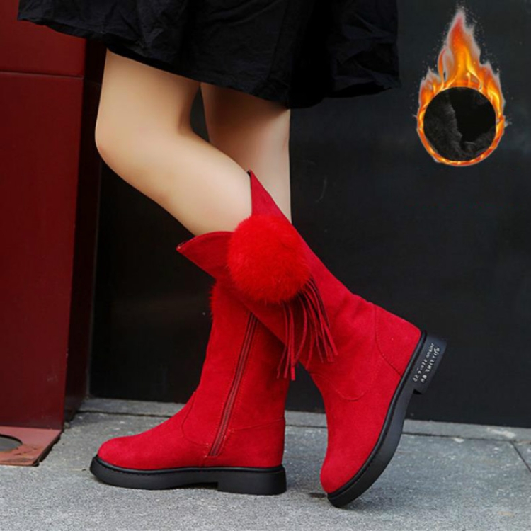 

Soild Color Winter Tall Tube Plus Velvet Ball Plush Little Girl Princess Boots, Size:34(Thin Cotton Thick Fancy Red)