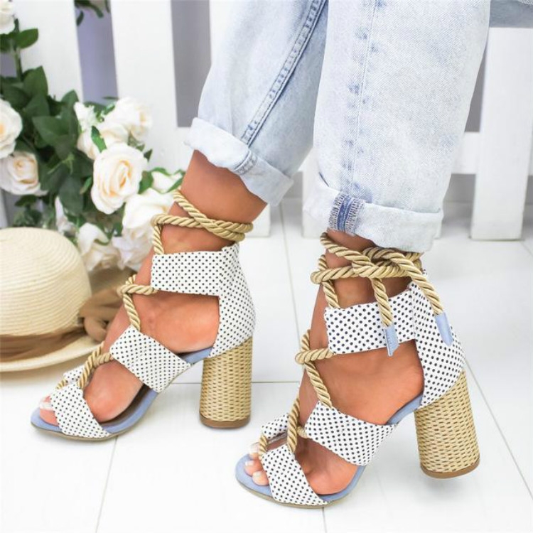 

Women Shoes Openwork Color Block Hemp Lace Up High Heels, Size:36(White)