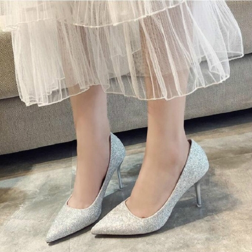 

Women Shoes Shallow Glitter Frosted Stiletto, Size:37(Silver)